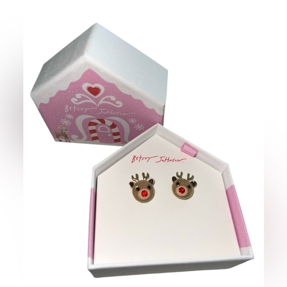🤎🔹️ Betsey Johnson 🔹️Reindeer Crystal Stud Earrings Red Christmas Holiday - Picture 2 of 2